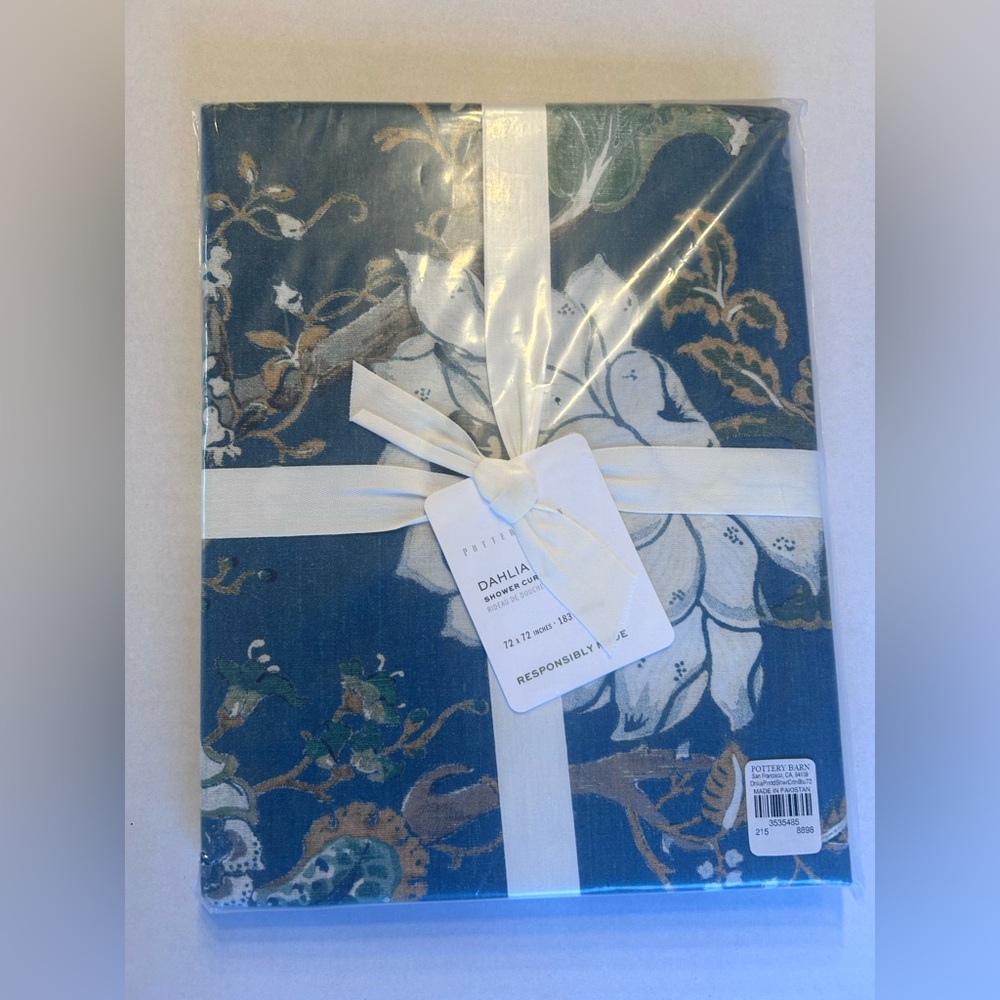 NWT Pottery Barn DAHLIA Floral Dark Blue Cotton Shower Curtain